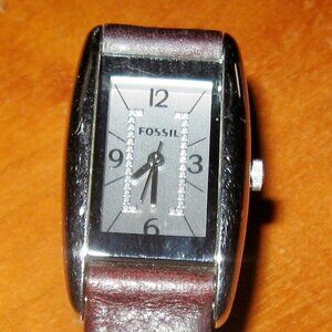 Fossil Watch ES-2586 Rectangle Face Dark Brown Leather Band 5 ATM All Steel